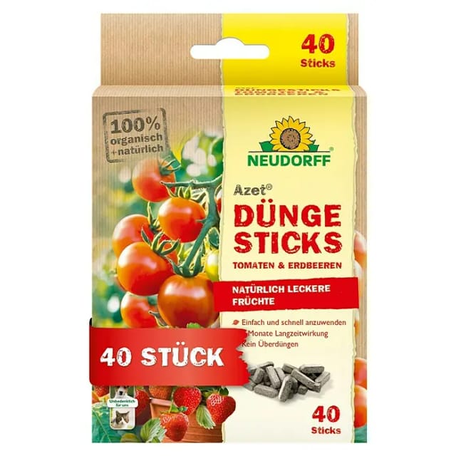 Neudorff Tomatendünger Bio - Azet DüngeSticks für Tomaten und Erdbeeren 40 Sticks, Bio Düngestäbchen für viele leckere Tomaten und Erdbeeren, Düngestäbchen Zimmerpflanzen aus natürlichen Rohstoffen