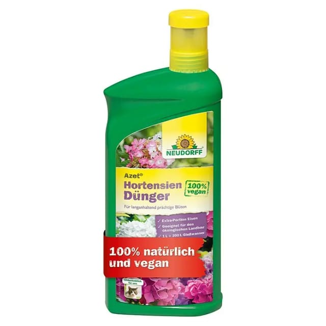 Neudorff Blumendünger Bio - Azet HortensienDünger 1L für 200L Gießwasser, 100 % organisch und vegan - Bio Blaudünger Hortensien mit hohem Kaliumgehalt und Extra Eisen, für prächtig blühende Hortensien im Beet und Kübel, Hortensiendünger mit Eisen mit praktischem Dosierbecher