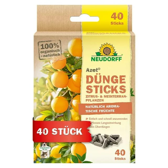 Neudorff Rasendünger Bio - Azet DüngeSticks für Zitrus- und Mediterranpflanzen 40 Sticks, Bio Zitrusdünger sorgt für leckere Früchte und kräftig grüne Blätter, Düngestäbchen Zimmerpflanzen aus natürlichen Rohstoffen