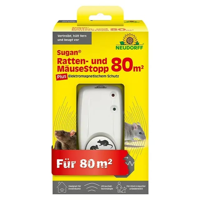 Neudorff Ultraschall-Tierabwehr Sugan Ratten- und MäuseStopp (für 80 m) 1 Stk., Rattenschreck Ultraschall vertreibt Ratten und Mäuse sofort und dauerhaft aus Haus, Keller und Garage, kein Gewöhnungseffekt durch ständig wechselnde Frequenzen, Für Kinder und Haustiere unbedenklich