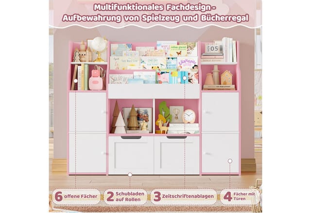 Homfa Kinderregal Spielzeugtruhe mit 2 Schubladen auf Rollen Bücherregal, Kinderbücherregal Spiegelregal mit Tür 126x104x30 cm weiß