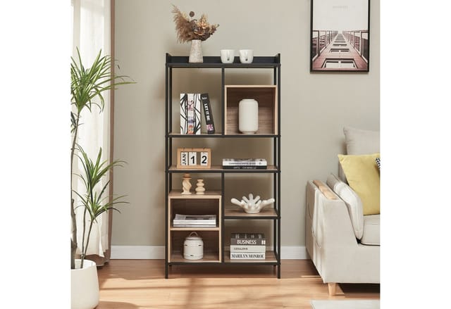 en.casa Standregal, »Belana« 137x70x33 cm Metallgestell Schwarz/Eicheoptik