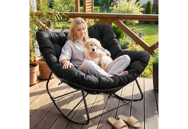 TLGREEN Schaukelstuhl mit Rattan,elegante Eiform, leiser Schaukelkomfort,dickem Abnehmbar Polster & Metallrahmen, Belastung von 150kg