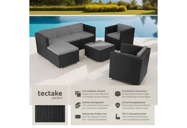 tectake Loungeset Rattan Sitzgruppe mit Sicherheitsglasplatte, für 5 bis 6 Personen, (Gartenlounge-set Lignano, 7-tlg., geeignet für Outdoor in Schwarz), widerstandsfähig und UV-beständig, variabel aufstellbar