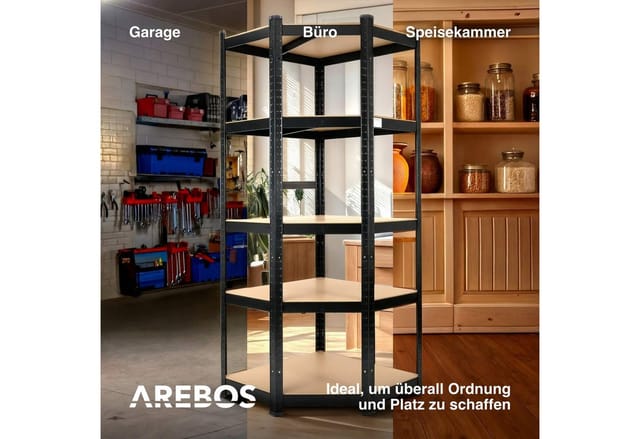 Arebos Eckregal 180x70x70 cm, 875 kg, Traglast, Steckregal, Lagerregal, Flexibel einsetzbar: für Werkstatt, Garage, Keller oder Lager