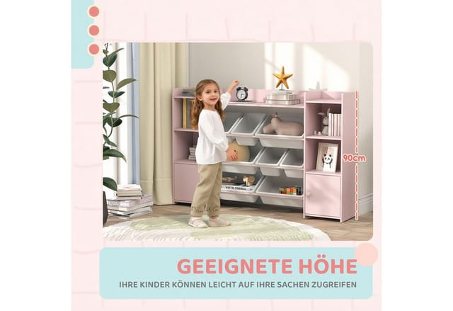 AIYAPLAY Kinderregal mit 8 herausnehmbaren Boxen, 4 offenen Fächern, 2 Schränkfach, Kinderregal 1-tlg., für Kinderzimmer, Spielzimmer, Wohnzimmer, 140 x 30 x 90 cm, Rosa