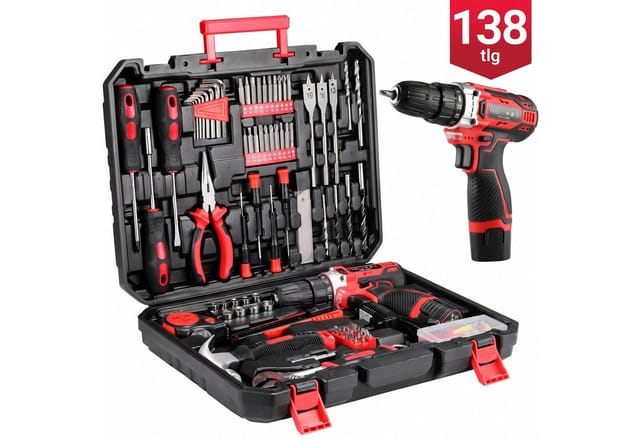 TLGREEN Akku-Bohrschrauber,12V Akkuschrauber Set,Akkubohrer mit 138PCS Werkzeugkoffer, max. 1500 U/min, (Set, 25+1 Drehmomentstufen + 2-Gang-Getriebe, LED Licht), für Holz, Metall & Heimwerkerprojekte
