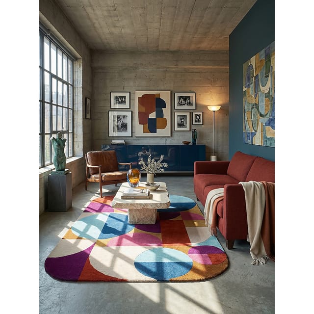 KADIMA DESIGN Wollteppich Arch Muster, Geometrisch Wohnzimmer Wollteppich Modern Oval 120x170, Oval, Höhe: 12 mm, Multicolor-Rosa, 100% Wolle, Handgetuftet, Flordichte 3 500 g/m²
