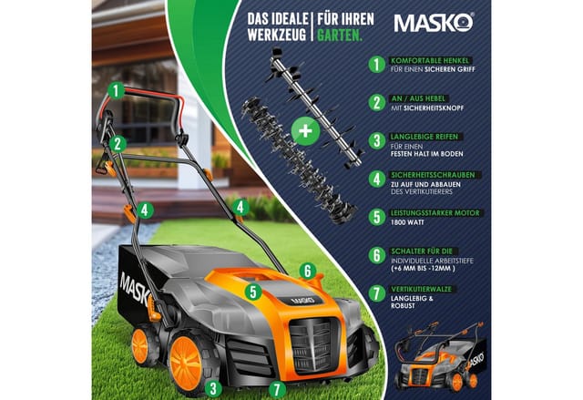 MASKO Elektro-Vertikutierer 2in1 Rasenlüfter 1800W, 5-stufige Arbeitstiefe, 40 cm Arbeitsbreite, Moosentferner mit 55L Fangkorb, 20 Stahlmesser höhenverstellbarer Holm