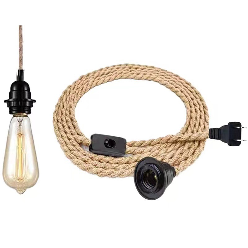 4,5 Meter Langes, Hanfgeflochtenes Kronleuchterkabel-set, Europäische Standard-e27-fassung Mit Kabelschalter, Retro-kronleuchter-leuchte, Inklusive Edison-glühbirne, Geeignet Für Diy-beleuchtung.