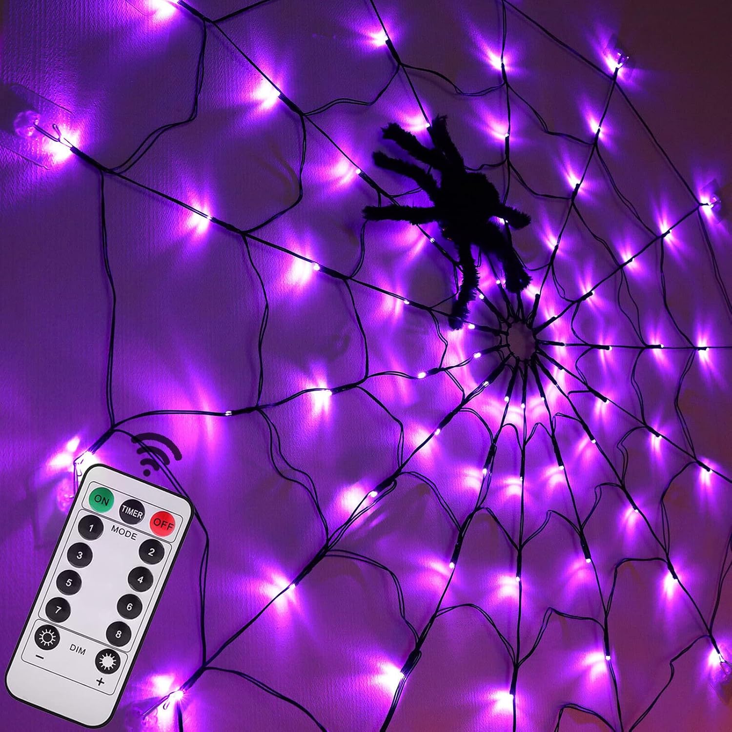 Lichterkette Mit Spinnennetz-motiv Für Halloween – 1,20 M Durchmesser, 70 Leds, Schwarzes Spinnenmuster, Wasserdicht, Geeignet Für Die Dekoration Von Haus Und Garten Im Innen- Und Außenbereich.