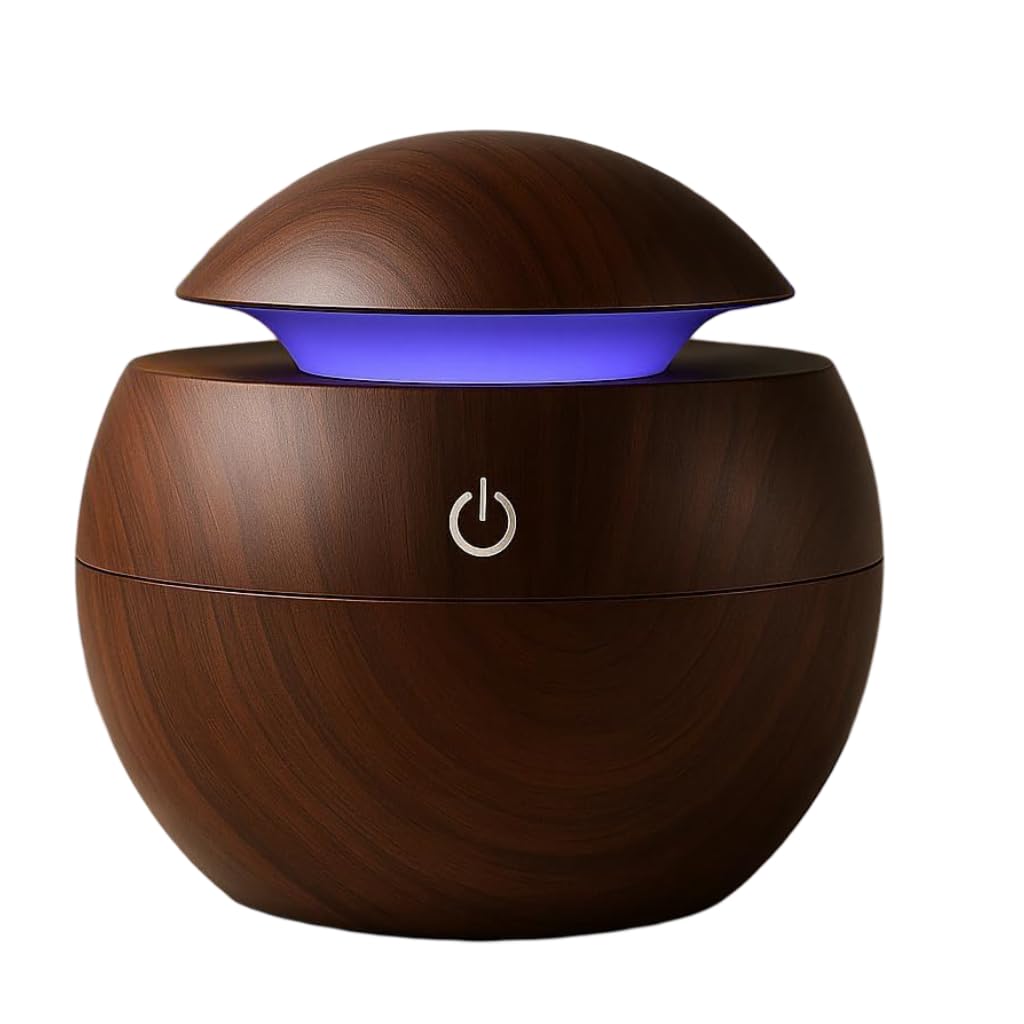 Dieser Aromatherapie-luftbefeuchter Verfügt Über Einen Led-lichtring, Ein Design In Holzoptik, Einen Usb-anschluss Und Eignet Sich Zum Vernebeln Von Ätherischen Ölen Und Wasser.
