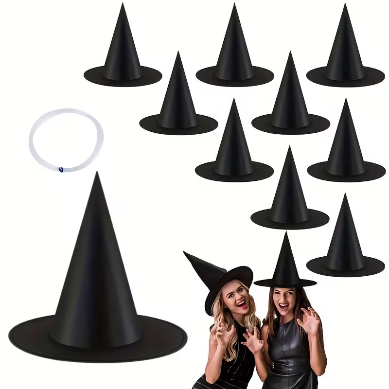 12 Schwarze Hexenhüte Für Halloween Zum Aufhängen, Ideal Zum Dekorieren Von Veranda Oder Terrasse.