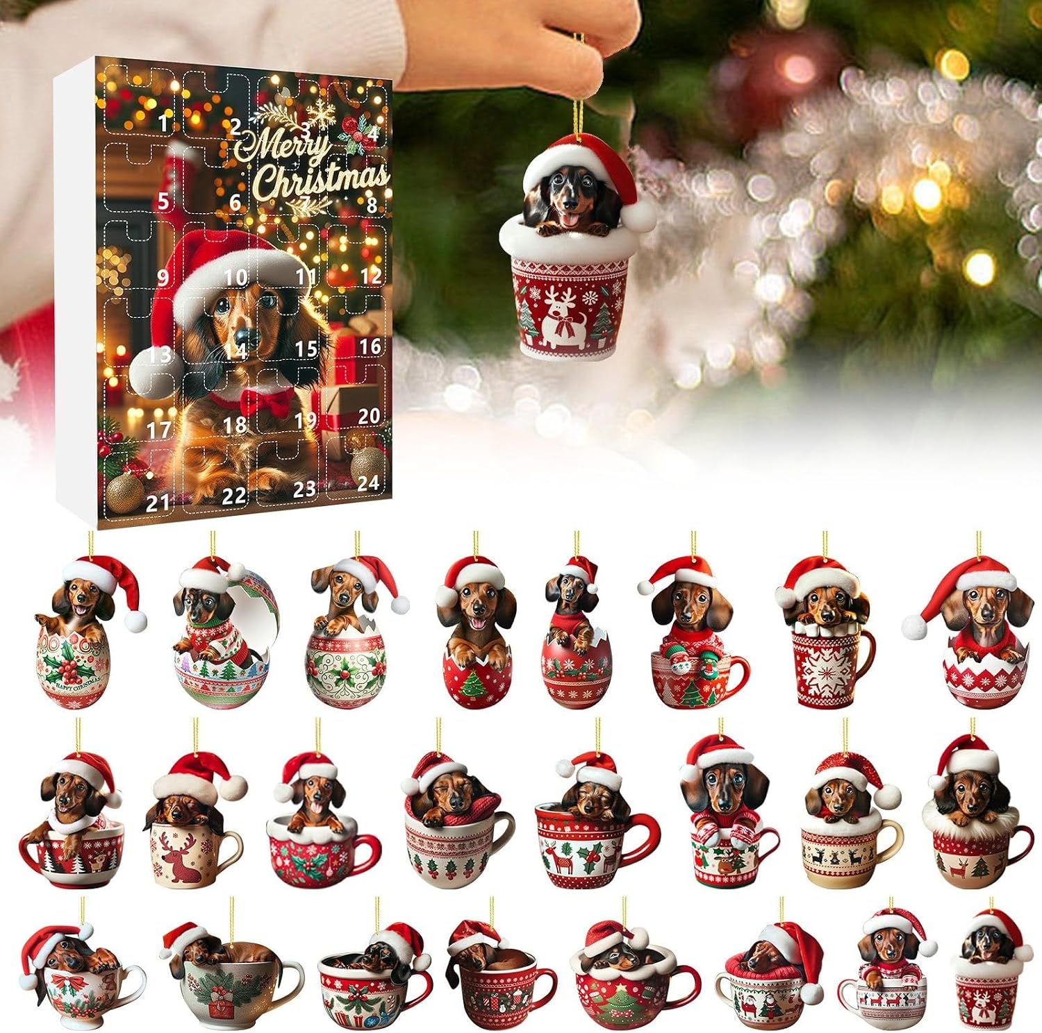 24-tägiger Adventskalender Mit Dackel-anhänger, Weihnachtsbaumschmuck Und Geschenken