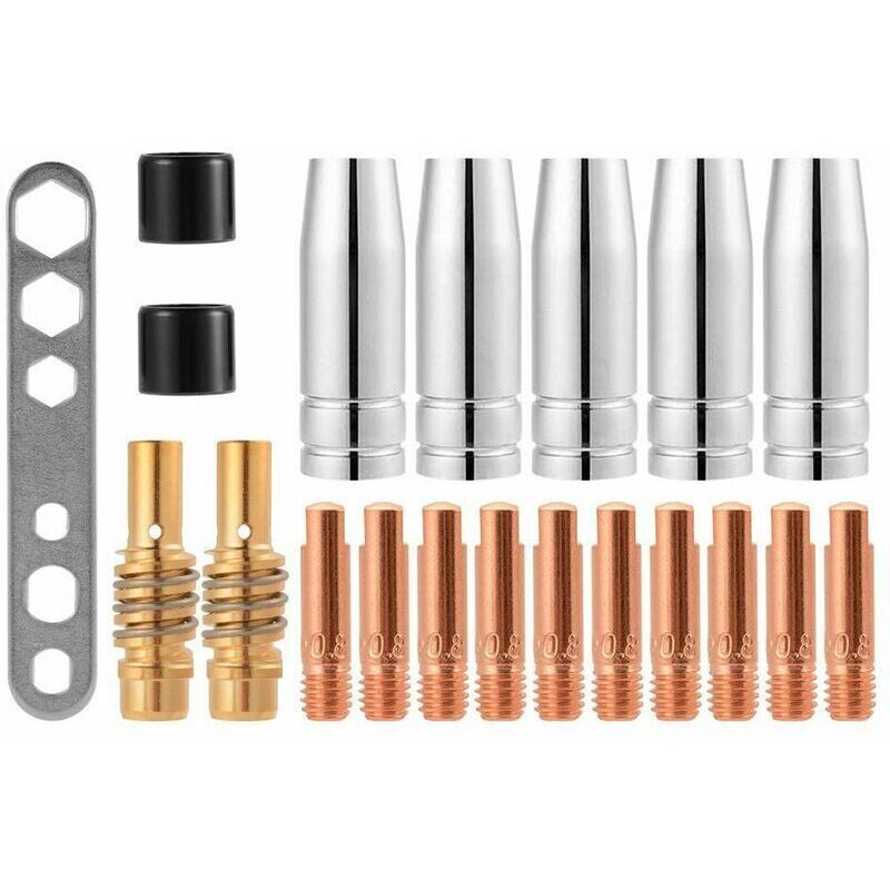 20 Schweißkontaktbuchsen 15ak Mig/mag Satz Mit Gaskonnektor-halter M6 0,8x25mm (10 X Kontakte, 5 X Buchsen, 2 X Konnektoren, 2 X Isolatoren, 1 X Werkzeug)