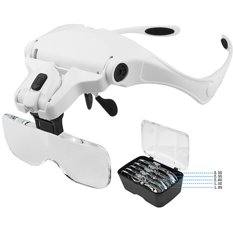 Lunette Mit 2 Leds - Zum Lesen, Für Alle Präzisionsarbeiten, Reparaturen, Nähen, Schmuck - 5 Abnehmbare Linsen (1.0x Bis 3.5x)