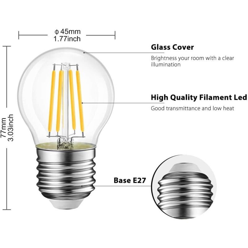 Led-glühfadenlampe E27 G45, 6w, Entspricht 60w Glühlampe, 806 Lm, Warmweißes Licht 2700k, Vintage-edison-stil, Nicht Dimmbar, 6er-pack [energieeffizienzklasse D] Npterbl