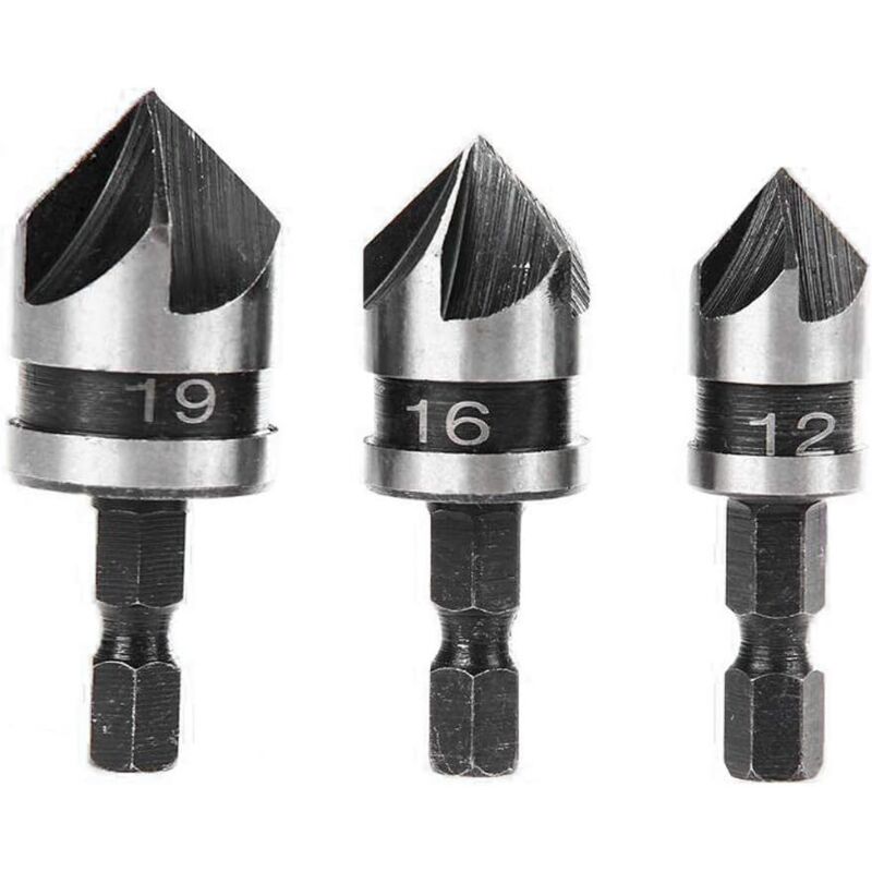 3er-set 90-grad-5-schneiden-fasenfräser Für Holz Und Metall, Schnellwechsel 1/4" Sechskant-ansatz Aus Kohlenstoffstahl, Schneidwerkzeug Zum Fasen Von Holz 12/16/19mm