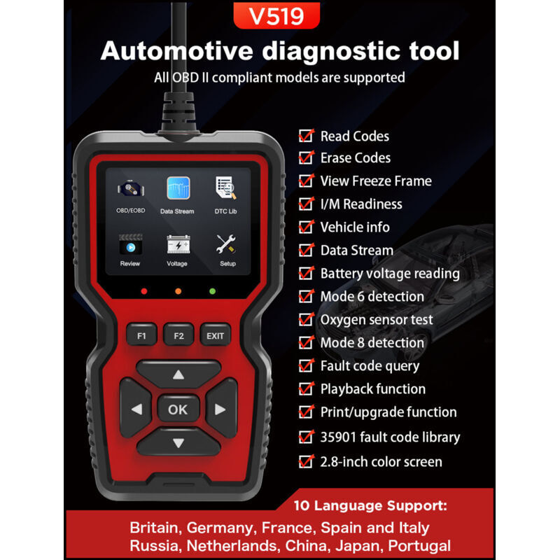 Scanner Obd2 V519 Pro - Kompatibel Mit Allen Fahrzeugen Ab 1996 - Inklusive Druckfunktion - Vollständige Motordiagnose