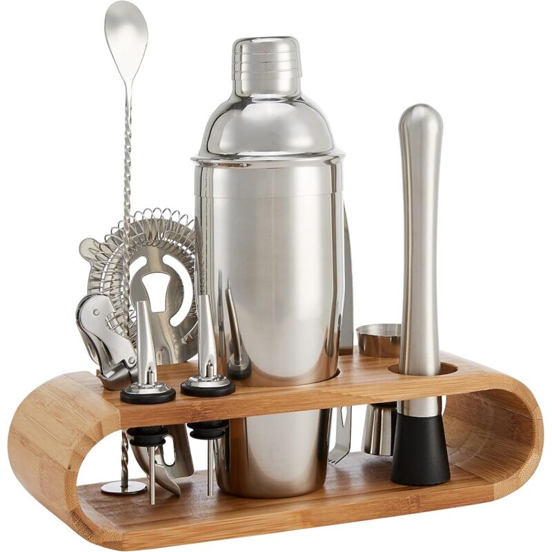 Set Von Barkeeper-werkzeugen – 10-teiliges Set Aus Edelstahl Mit Bambus-ständer.