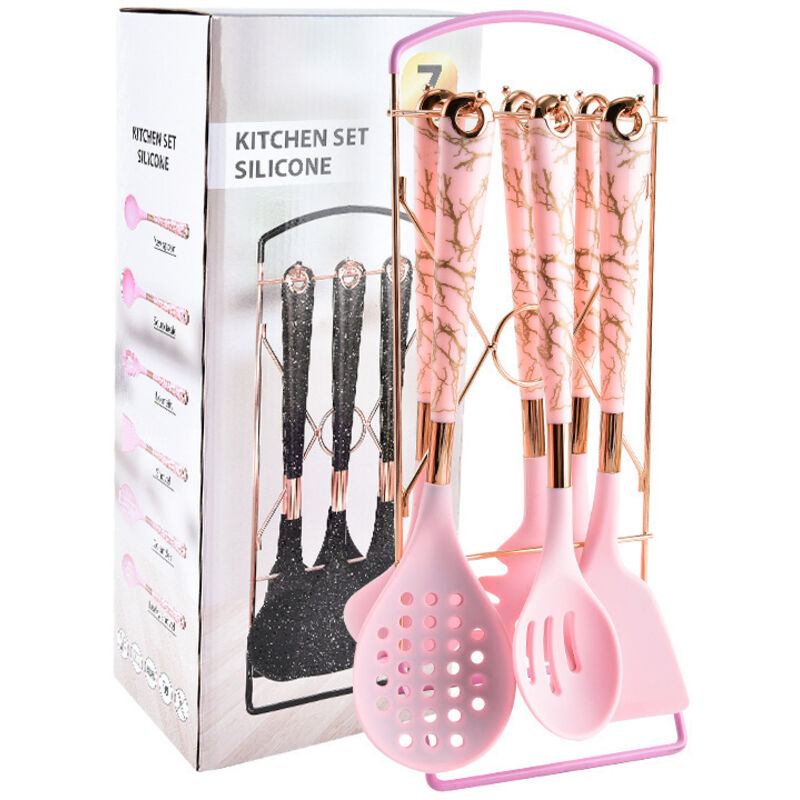 7-teiliges Set Aus Silikon-küchenutensilien, Mit Roségoldbeschichtetem Griff, Antihaftend, Rosa