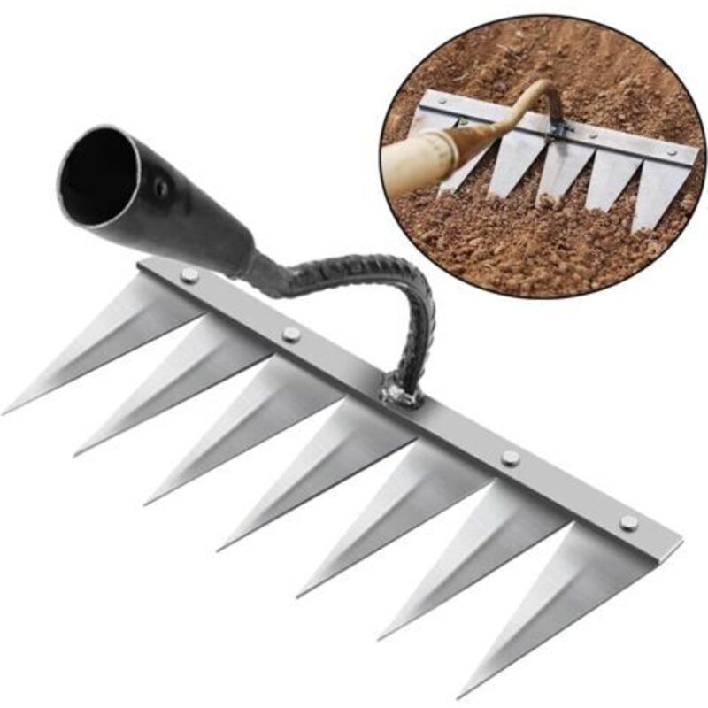 Gartenrechen Aus Manganstahl – 7 Scharfe Zinken – Zum Unkrautjäten Und Auflockern Des Bodens – Größe 277 X 140 Mm
