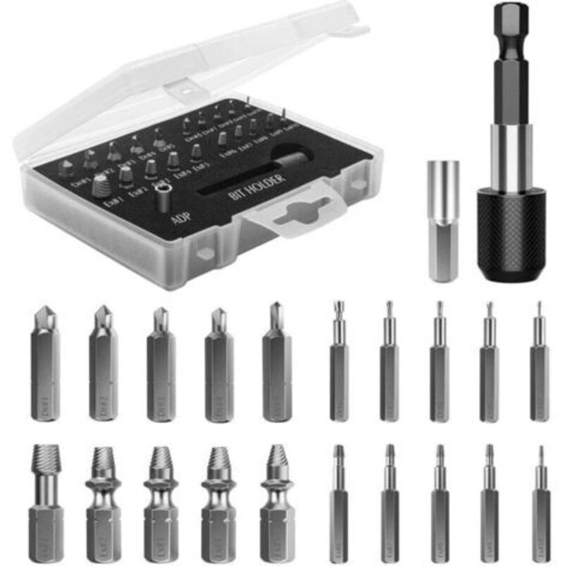 Bruchschrauben-extraktor-set, 22-teiliges Verbessertes Extraktionswerkzeug Aus Hss 4341 Legiertem Stahl Mit Bohrern, 2 Magnetische Verlängerungs-bithalter, Stecknussadapter Für Beschädigte Schrauben,