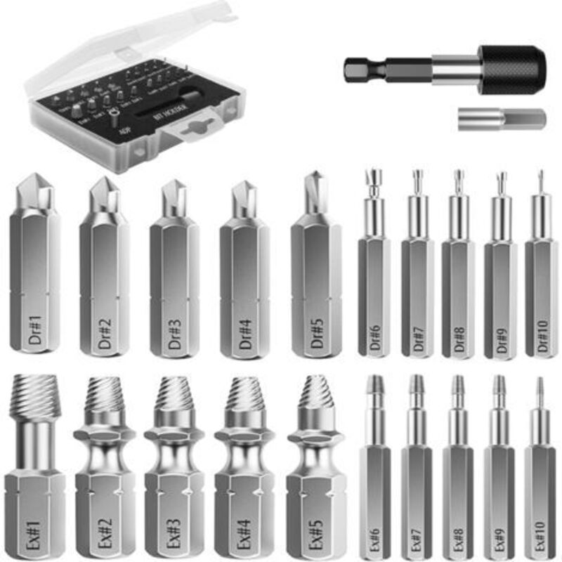 Abgebrochene Schrauben-extraktor-set, 22-teiliges Verbessertes Werkzeug Aus Hss 4341 Legiertem Stahl Mit Bohrern, 2 Magnetische Verlängerungs-bit-halter Und Stecknussadapter Für Beschädigte Bolzen, Sc
