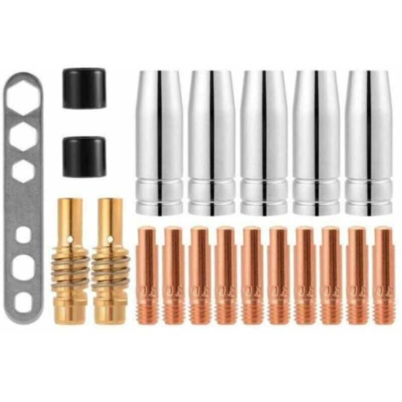 20 Stück Schweißdüsen-kontakthülsen 15ak Mig/mag Satz Mit Gasanschluss M6 0,8x25mm (10 X Kontakthülsen, 5 X Düsen, 2 X Anschlüsse, 2 X Isolatoren, 1 X Werkzeug)