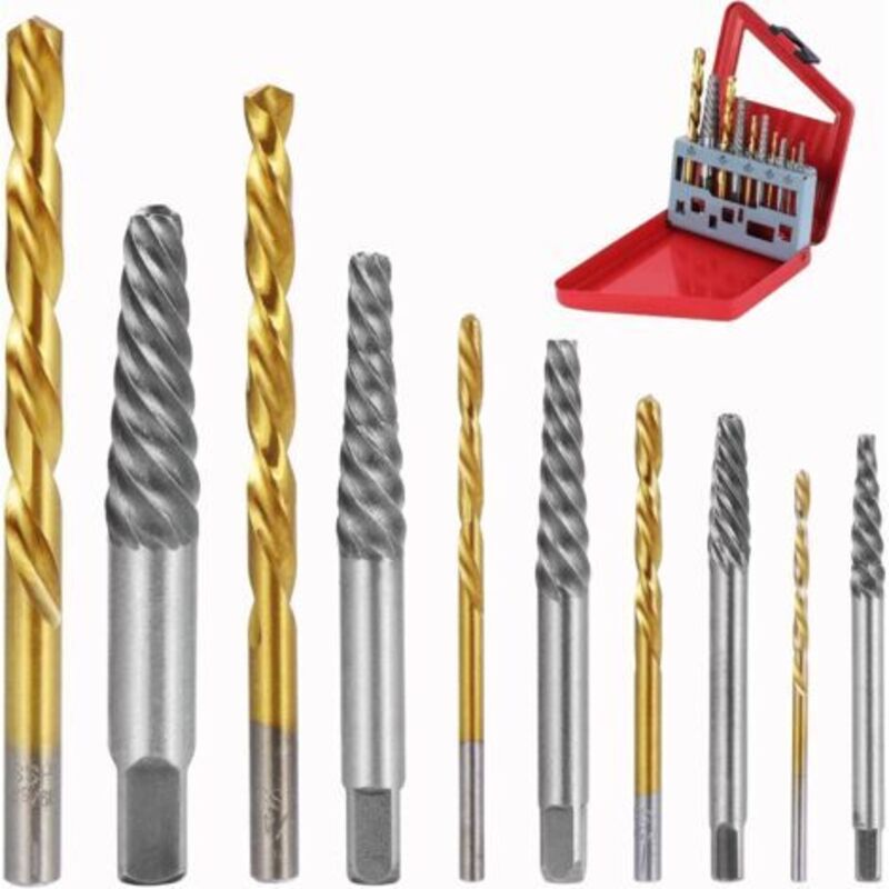 Gotrays – 10er-set Schraubenausdreher Aus Kohlenstoffstahl – Spiralbohrer Und Zoll-bohrbits – Inklusive Aufhängbarem Eisenkasten