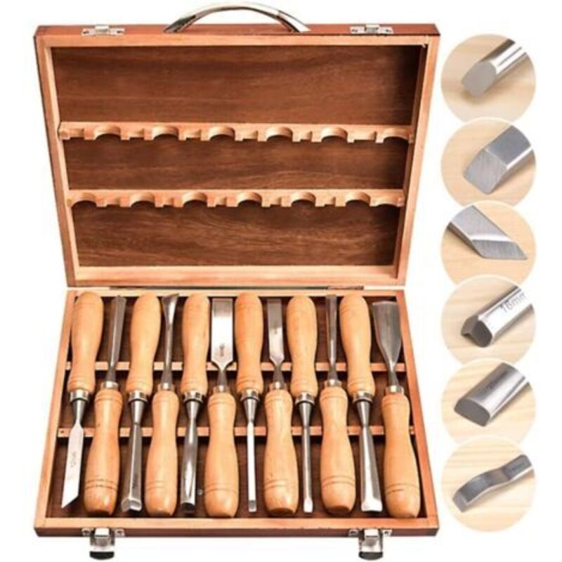 Set Aus 12 Holzschnitzmessern – Gehärteter Kohlenstoffstahl – Ergonomischer Griff – Aufbewahrungsbox Aus Holz