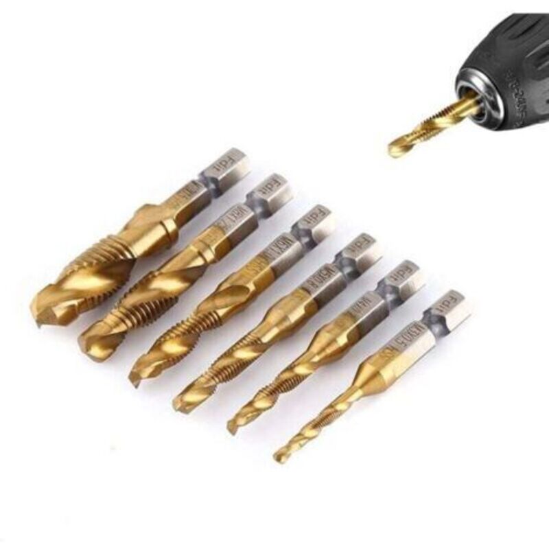 6-teiliges Set M3 Bis M10 Hss-titan-beschichtete Bohrer Und 1/4-zoll-gewindebohrer Mit Metrischem Gewinde Und Sechskantschaft