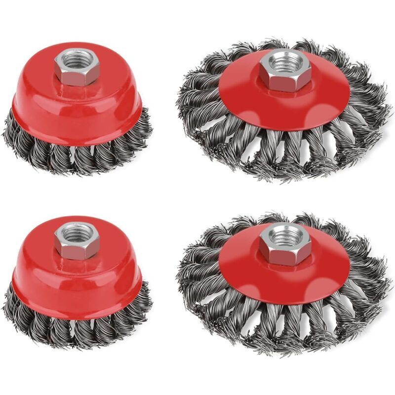 Set Aus 4 Drahtbürsten Für Winkelschleifer – 2 Bürsten Mit 75 Mm Und 2 Mit 105 Mm – Dicker Stahldraht – M14-gewinde Für Rotationsmaschinen