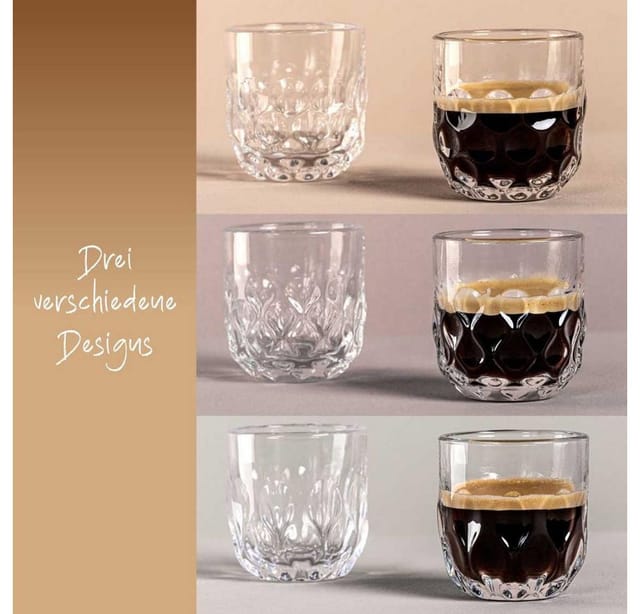 LEONARDO Gläser-Set Espresso-Set GOCCE, 90 ml, 6-teilig, 6-tlg., Glas, 3 Gläser mit unterschiedlichem Tropfenrelief, inkl. Kork-Untersetzer