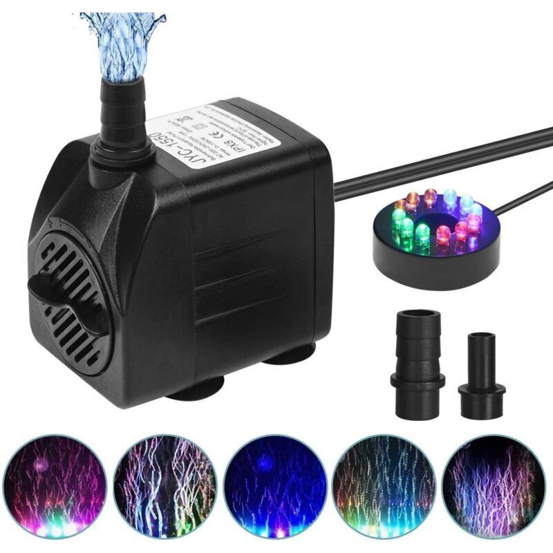 Tauchpumpe 800l/h 15w – Förderhöhe 1,5 M – Ultra-leise Mit 12 Farbigen Leds – 4 Saugnäpfe Und 2 Düsen 1,8 M