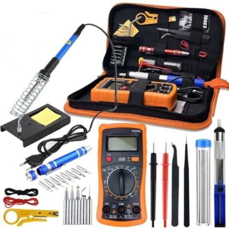 Fer Souder Kit, 60w Lötset, Einstellbare Temperatur Von 200-450, Multimeter, 5 Stück Lötspitzen, Lötkolben Und Zinn, Lötdraht, Pinzette, Abisolierzange, Halterung