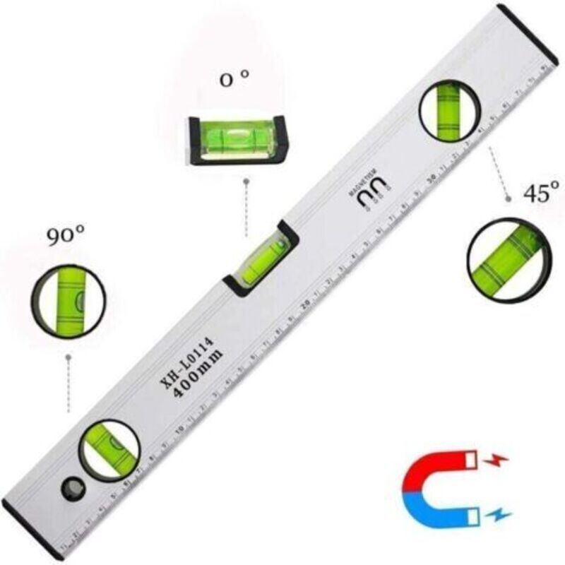 40 Cm Wasserwaage, Magnetische Wasserwaage Mit 3 Hochsichtbaren Ampullen, Aluminiumgehäuse, Robuste Endkappen Für Horizontale, Vertikale Und 45°-messungen, Genauigkeit +/- 0,5 Mm – Integriertes Lineal
