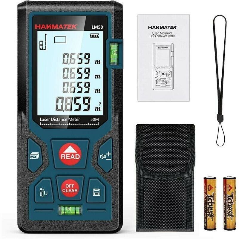 Digitaler Laser-entfernungsmesser, Lm50 50 M Digitaler Lasermesser, Länge/fläche/volumen/pythagoras-theorem Mit Lcd-hintergrundbeleuchtung, Ip54 (50 M)