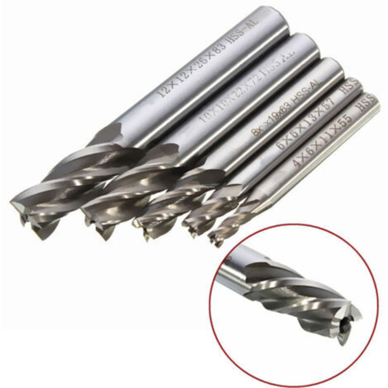 5 Stück 4/6/8/10/12 Mm 4-flütiger Schaftfräser Aus Hss-schnellarbeitsstahl, Gerade Schneiden