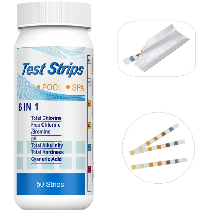 Packung Mit 50 Teststreifen, 6-in-1 Für Pool-, Spa- Und Whirlpool-ph-wert: Ph-wert, Gesamtchlor, Freies Chlor, Gesamthärte, Cyanursäure Und Wasserhärte.