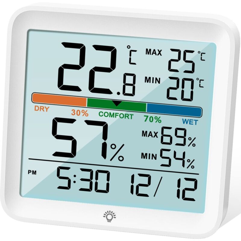 Digitales Innen-thermometer Und Hygrometer - Digitaler Feuchtigkeitsindikator, Präzise Temperaturüberwachung, Aufzeichnung Von Maximal-/minimalwerten, Lcd-uhr Mit Hintergrundbeleuchtung, Komfort-icon