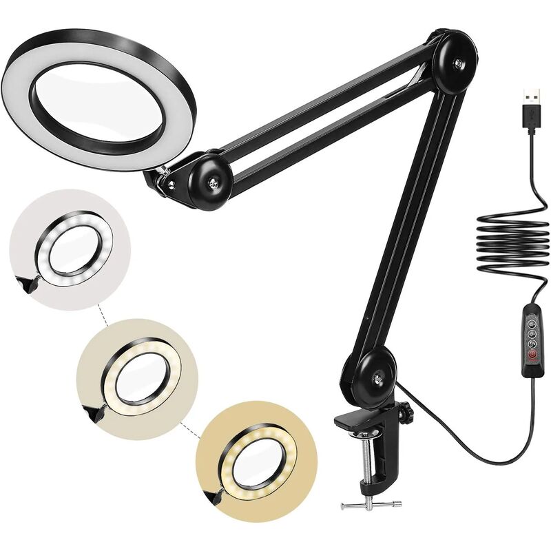 72-led-vergrößerungslampe, Schreibtischlupe Mit Tageslicht, 5-fache Vergrößerung, Mit Metallklemme, 3 Farbmodi, Dimmbar, Für Reparaturen, Basteln, Nähen, Lesen, Schwarz