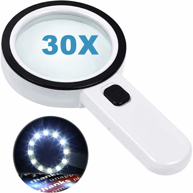 Vergrößerungsglas Mit 12 Led-leuchten, Doppelter Glaslinse Mit 30-facher Vergrößerung. Zum Einfachen Lesen Von Münzen, Briefmarken Und Karten. Ideal Bei Makuladegeneration.