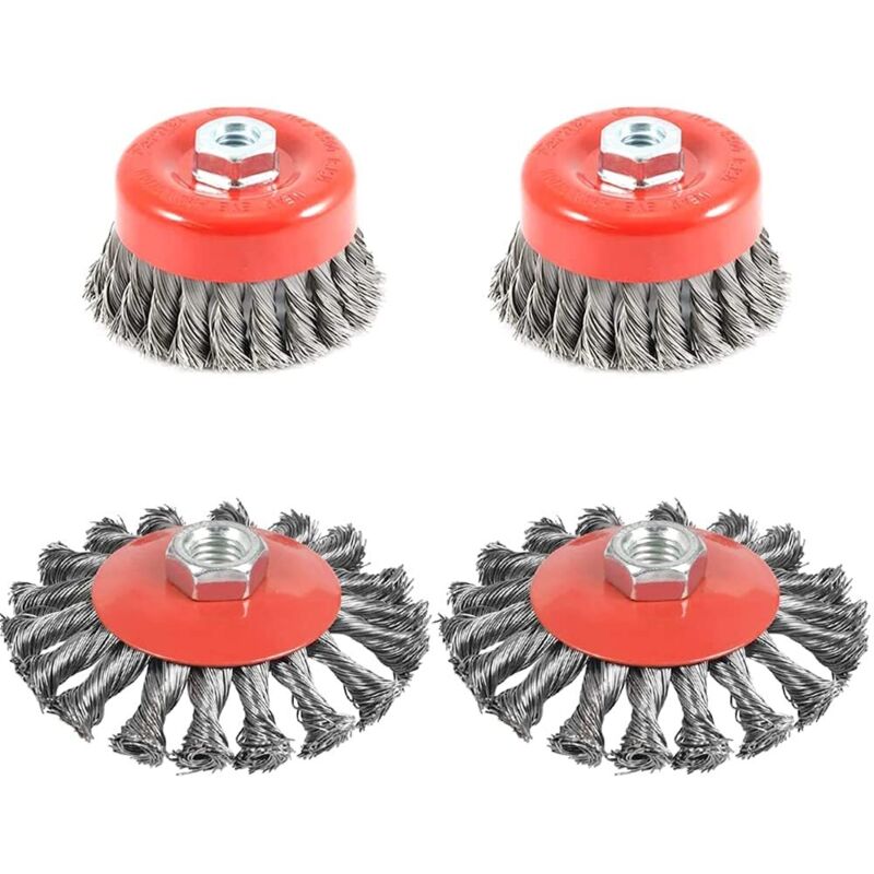 4-teiliges Set Metallbürsten Zur Reinigung, Konische Bürsten Für Winkelschleifer, Abrasive Drahtbürsten Aus Verdrehtem Stahl, Durchmesser 75 Mm Und 100 Mm, M14