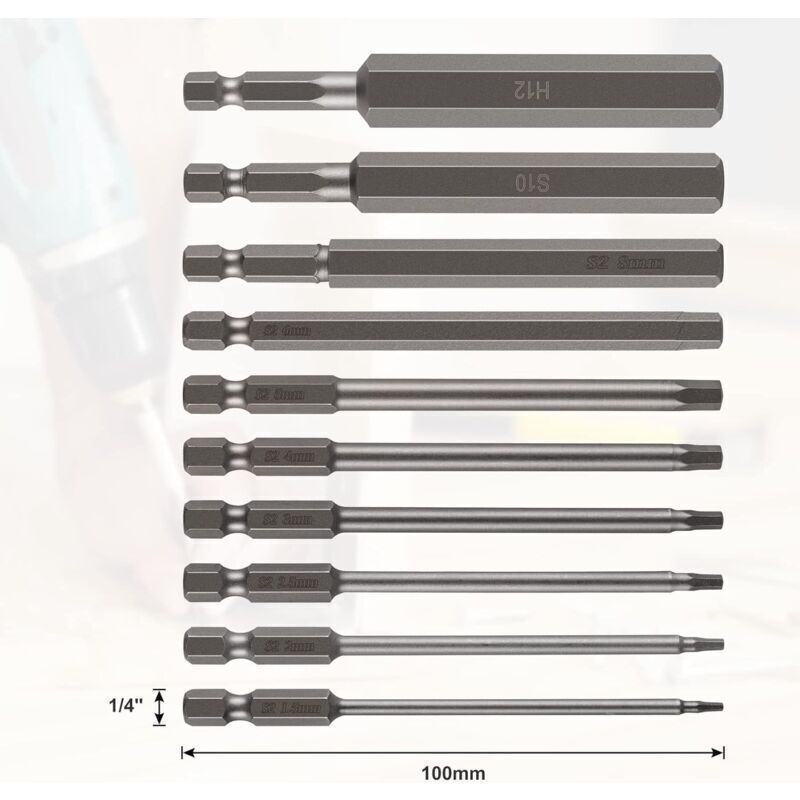Satz Von 10 Sechskantigen Bits, 100 Mm Länge, Mit Bit-halter, S2-sechskantschaft H1,5-h12, Farbiger Metall-inbusschlüssel