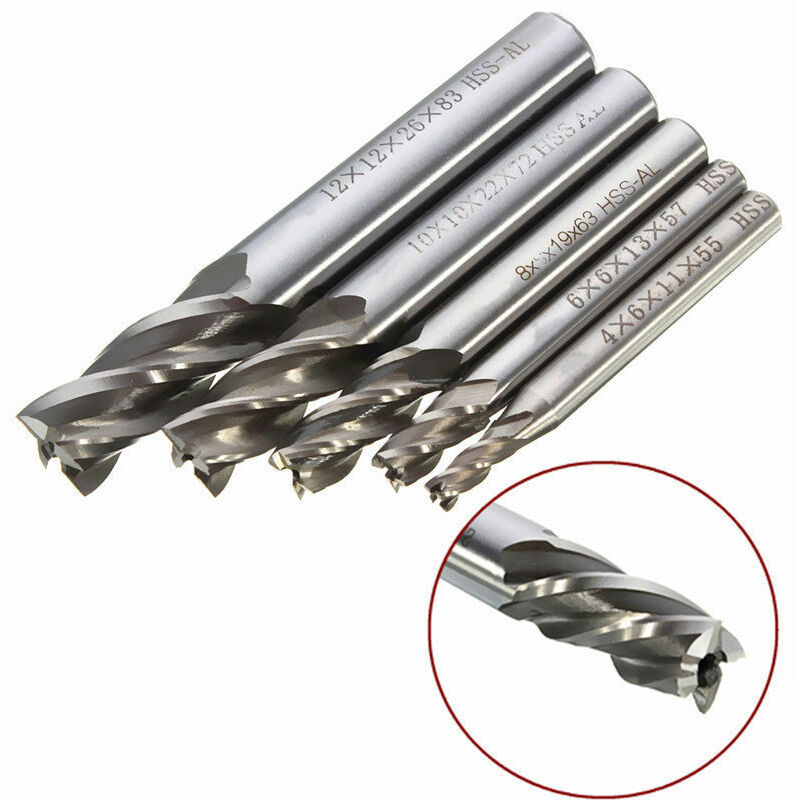 5 Stück 4/6/8/10/12 Mm 4-schneiden Schaftfräser Aus Hss-schnellarbeitsstahl, Gerade Schneiden