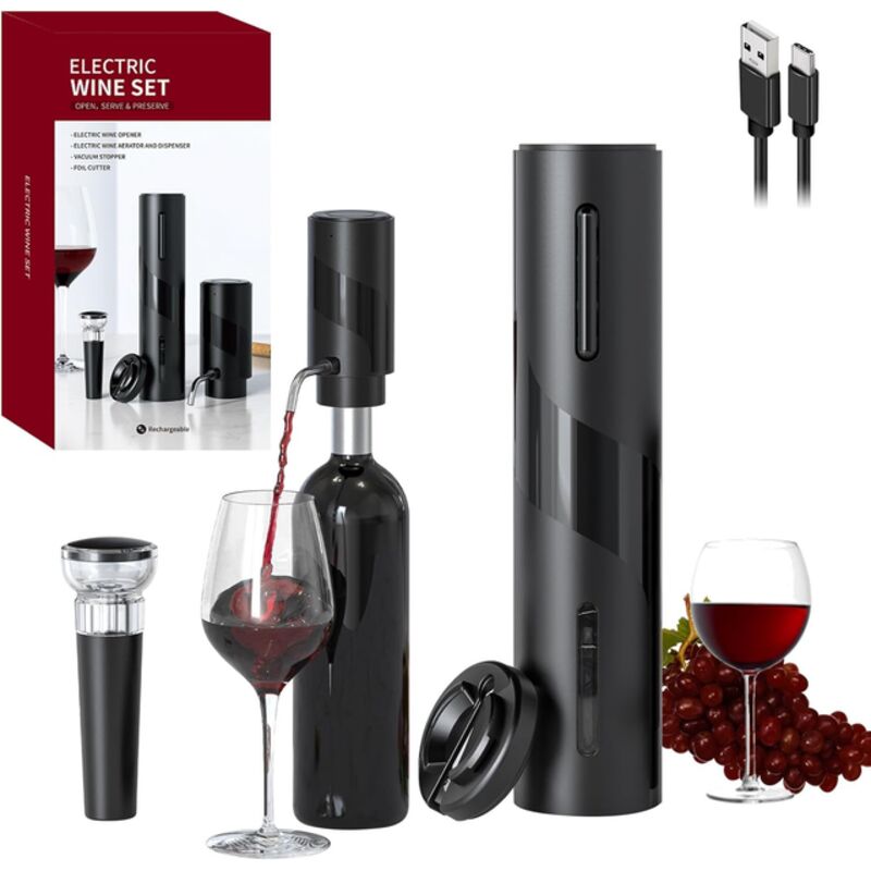4-in-1 Elektrischer Korkenzieher, Flaschenöffner, Weinaccessoires, Automatischer Spender, Abs, Schwarz