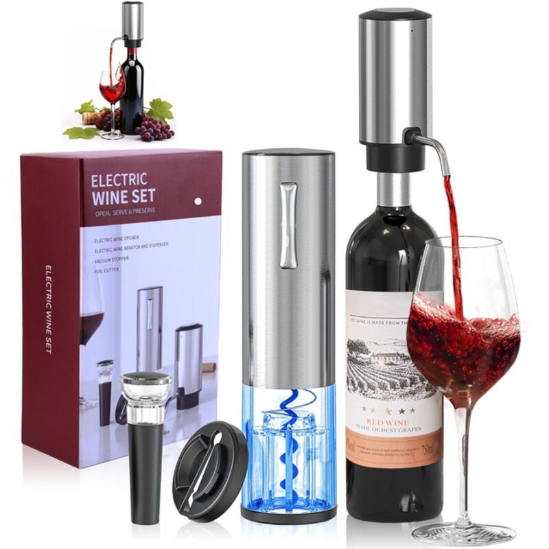4-in-1 Elektrischer Korkenzieher, Flaschenöffner, Wein-zubehör, Automatischer Spender, Edelstahl, Silber