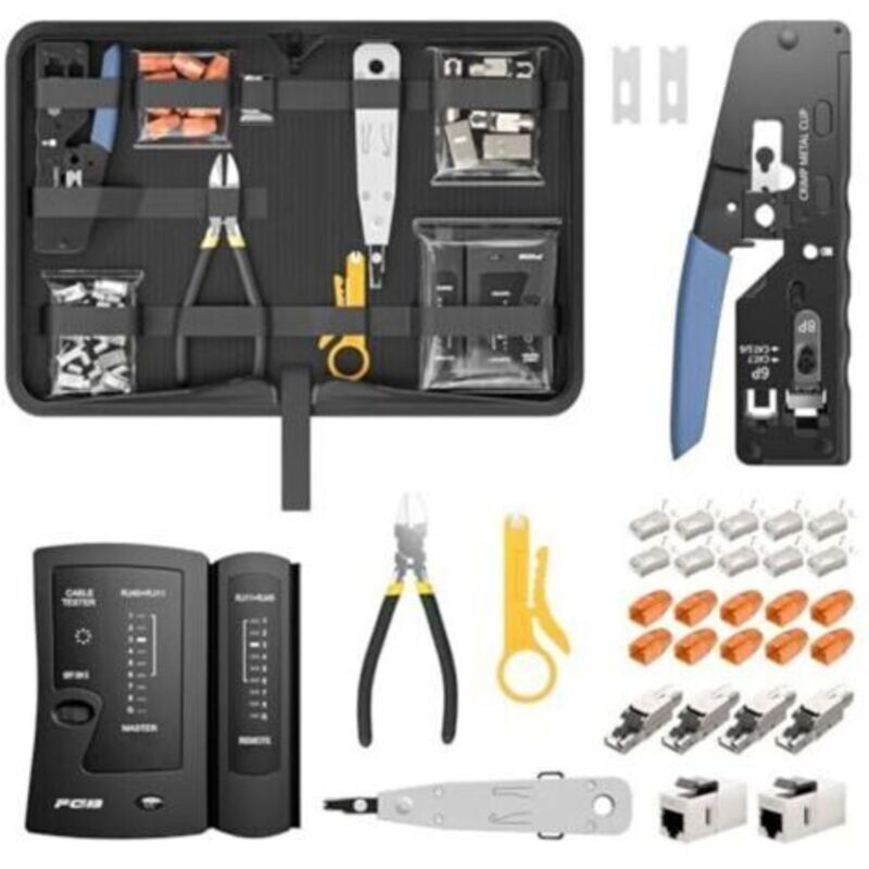 Netzwerk-werkzeugset, Durchgehende Rj45-crimpzange Für Cat7-, Cat6-, Cat5-kabel Mit 4 Werkzeuglosen Cat7-netzwerksteckern, 10 Rj45-steckern, Lsa-auflegewerkzeug Und Netzwerk-tester Für Kabel