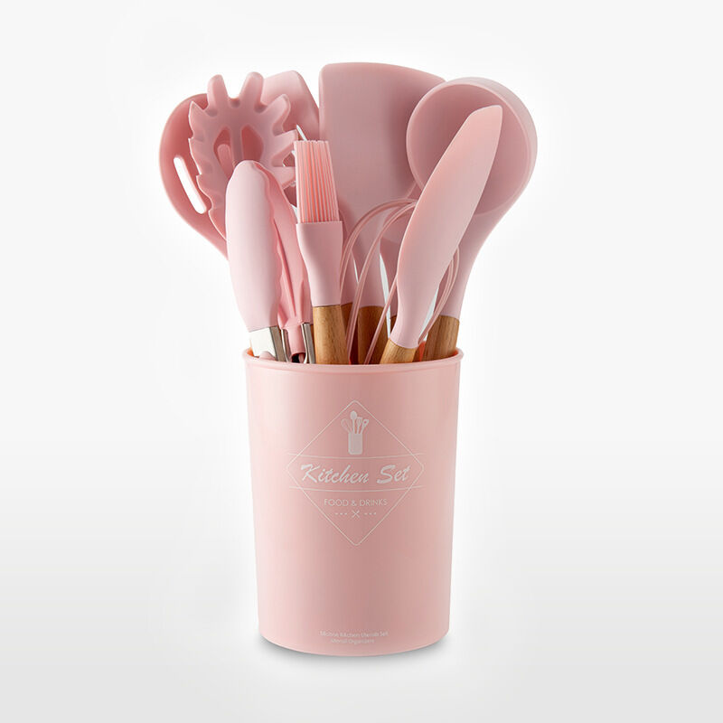 Set Aus 12-teiligem Rosa Silikon-kochgeschirr Mit Aufbewahrungsbox